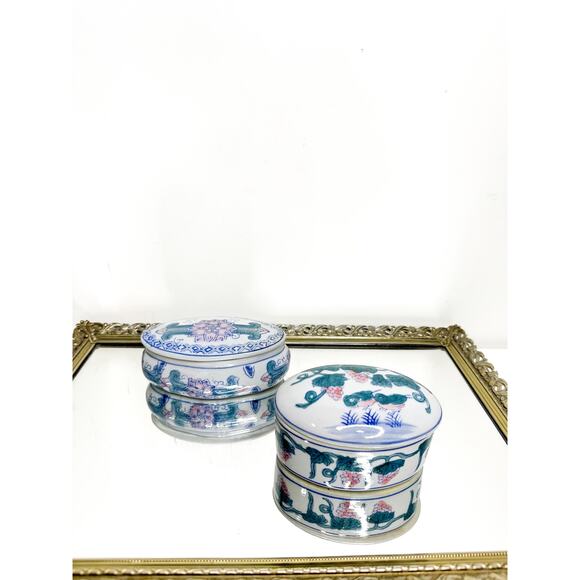 Set of Two Vintage Oval Chinese Oriental Porcelain Trinket Box/jewelry Box Kitsc - Picture 1 of 10